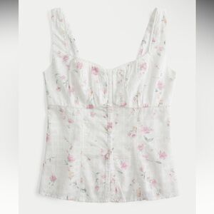 NWT Hollister White Top Blouse Button Through with Pink Floral - XXS NEW